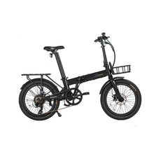 Load image into Gallery viewer, Qualisports Dolphin 350watt electric foldable bike in satin black with front and rear racks and fenders attached.
