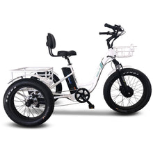Load image into Gallery viewer, Emojo Caddy Pro Electric Fat Tire Trike in white with white front basket and rear trunk.
